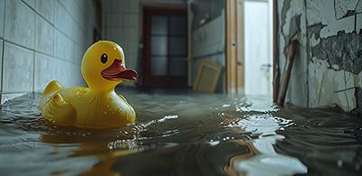 House, water and rubber duck in flood from hurricane, chaos or natural disaster, damage or destruction. Splash, insurance and home crisis with plumbing mistake, leak or bathroom emergency evacuation.