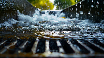 Image of rainwater flowing through a metal grate on a storm drain