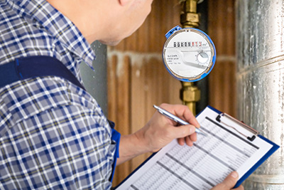 Technician With Clipboard Reading Water Meter Or Counter